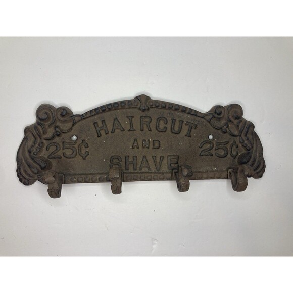 Vintage Cast Iron Sign Haircut and Shave 25¢ with 4 Hooks Antique- Heavy - Picture 1 of 5